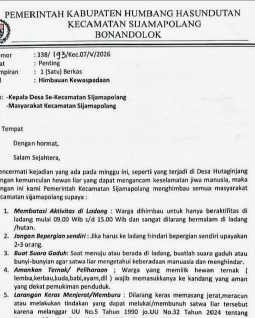 Camat Sijamapolang Keluarkan Surat Himbauan Kewaspadaan Satwa Liar