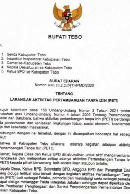 Bupati Tebo Agus Rubiyanto Terbitkan Surat Edaran, “Melarang Keras Aktivitas PETI”