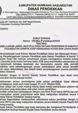Antisipasi Dampak Kabut Asap Karhutla, Pemkab Humbahas Berlakukan PJJ 19–21 Oktober 2026